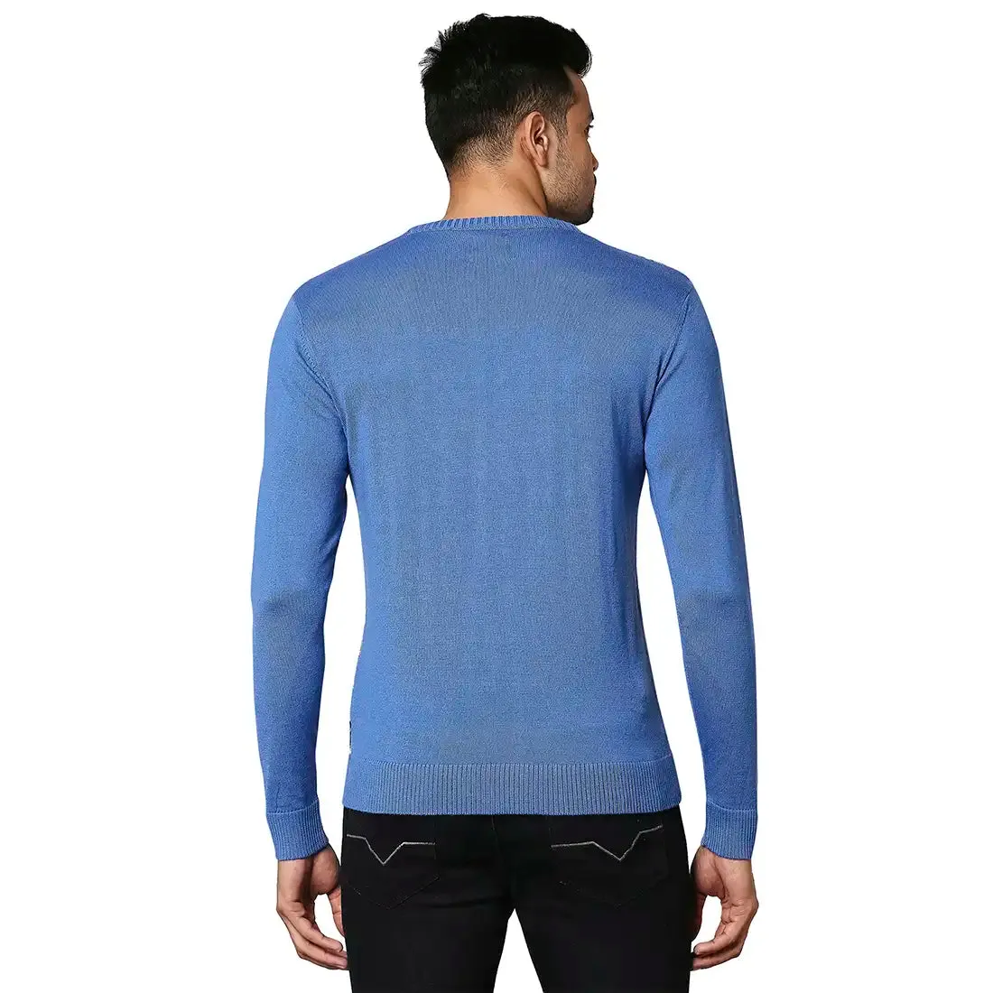 Men Blue Argyle Wool Blend Full Sleeve V Neck Collar Sweaters