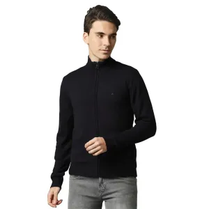 Men Blue Contemporary Fit Acrylic Wool Blend Band Collar Sweaters