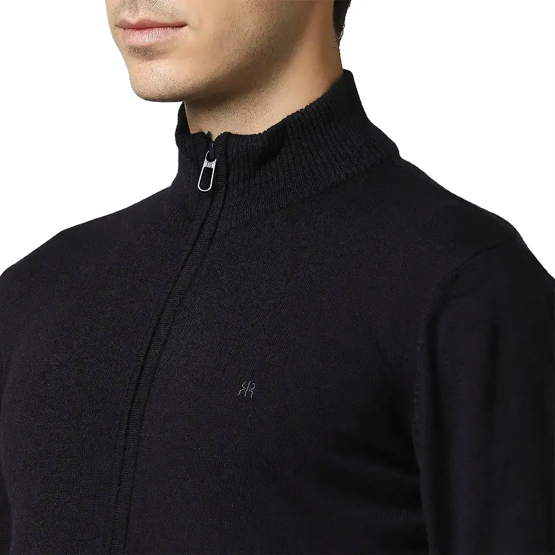 Men Blue Contemporary Fit Acrylic Wool Blend Band Collar Sweaters