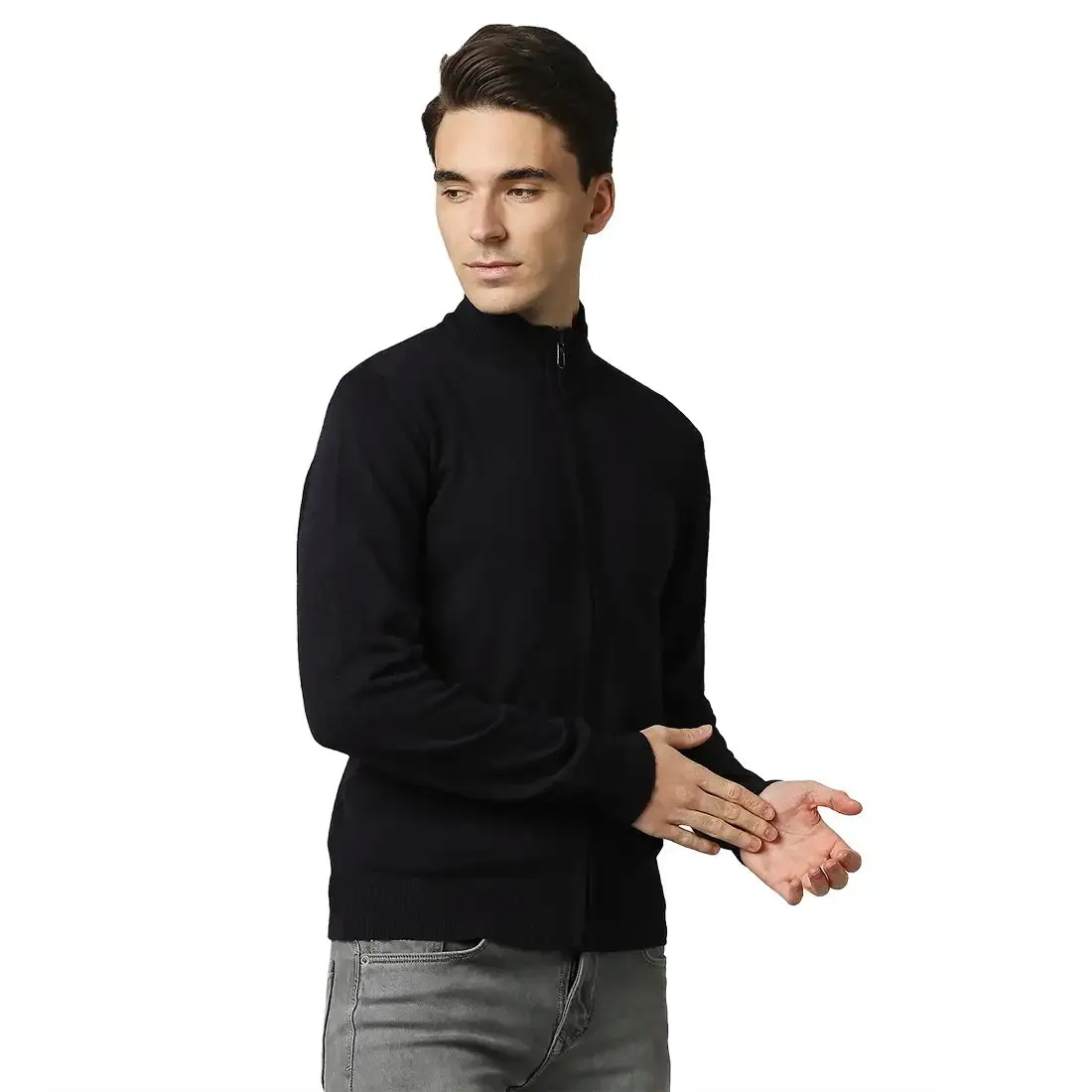 Men Blue Contemporary Fit Acrylic Wool Blend Band Collar Sweaters