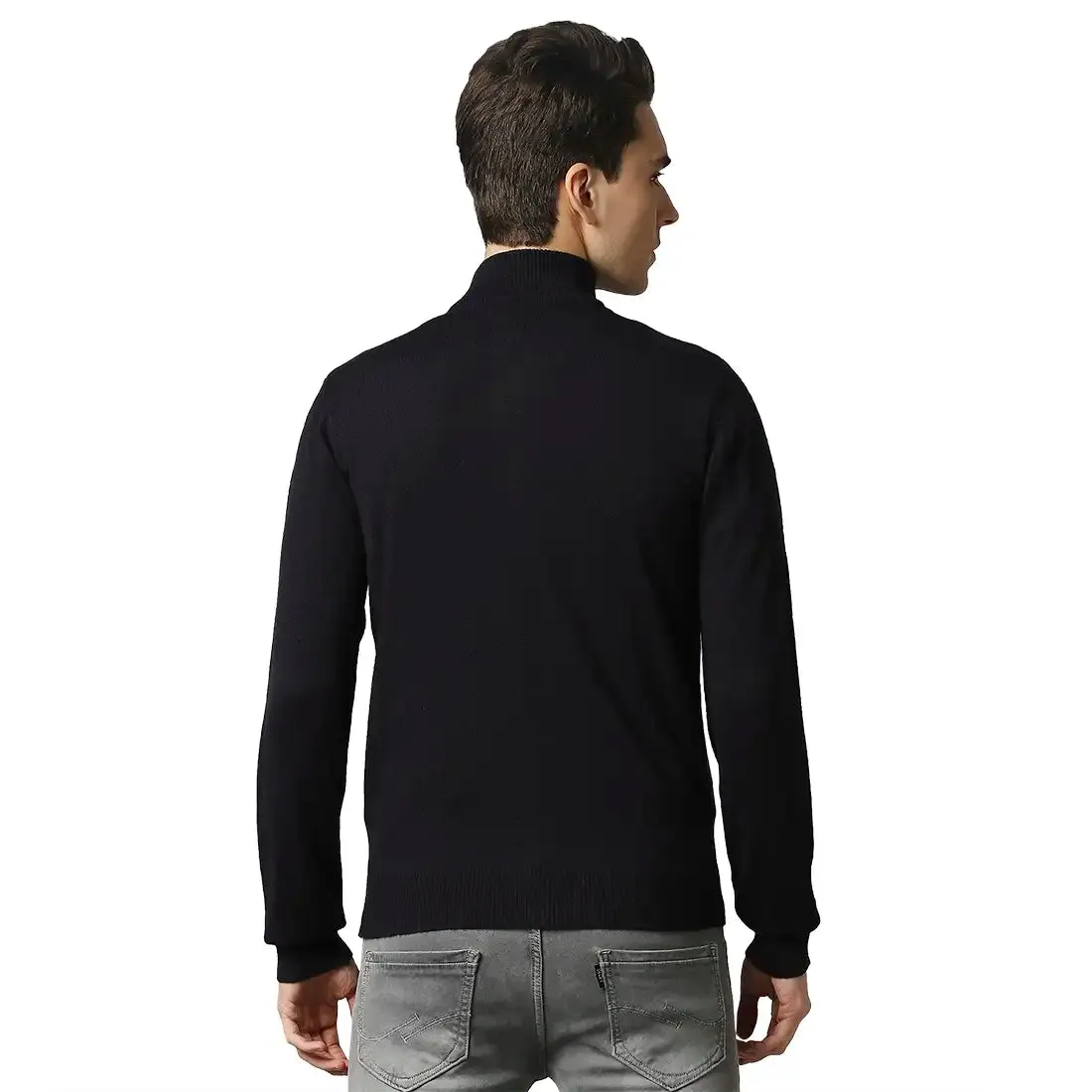 Men Blue Contemporary Fit Acrylic Wool Blend Band Collar Sweaters