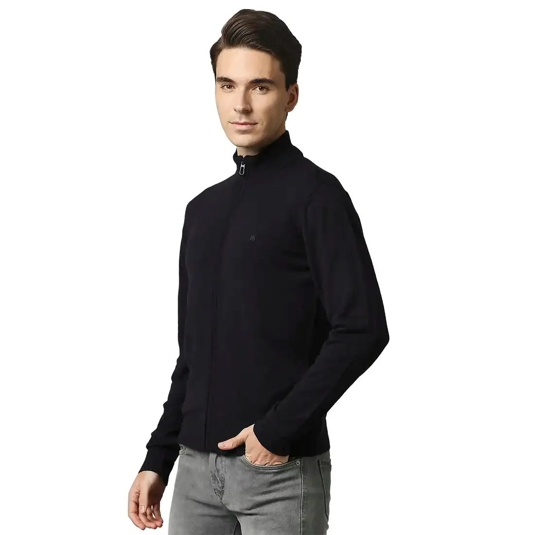 Men Blue Contemporary Fit Acrylic Wool Blend Band Collar Sweaters