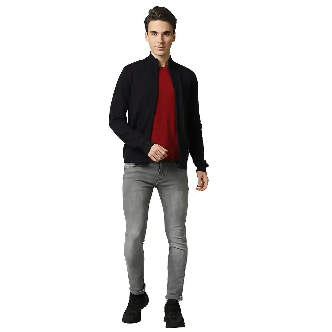 Men Blue Contemporary Fit Acrylic Wool Blend Band Collar Sweaters