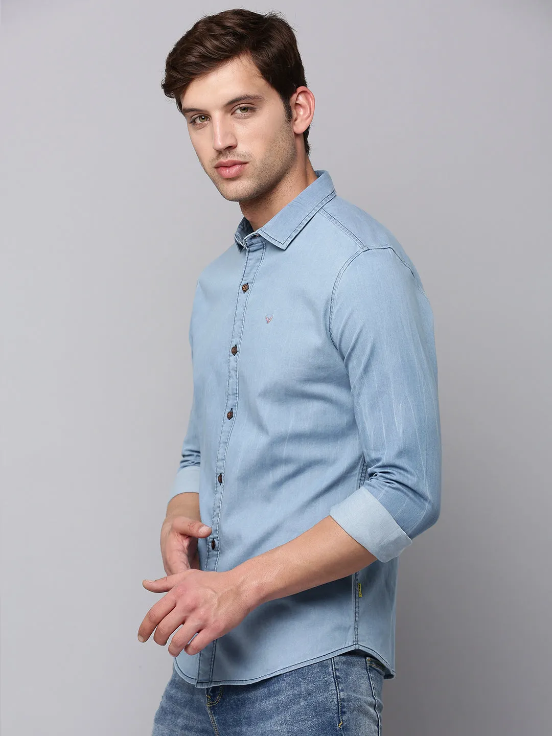 Men Blue Spread Collar Casual Cotton Shirt