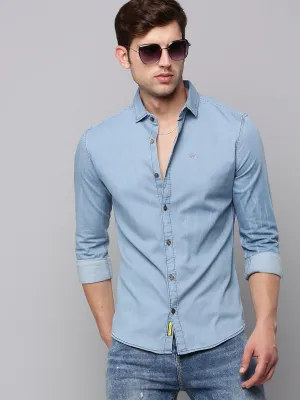 Men Blue Spread Collar Casual Cotton Shirt