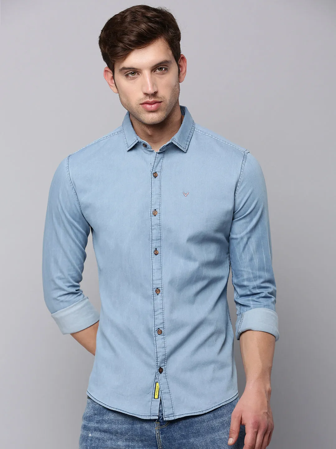 Men Blue Spread Collar Casual Cotton Shirt