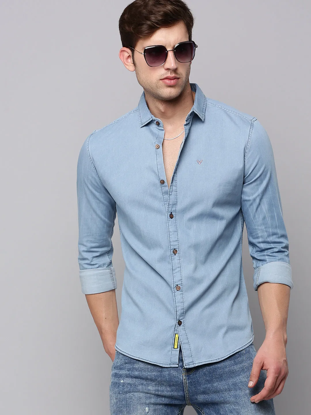Men Blue Spread Collar Casual Cotton Shirt