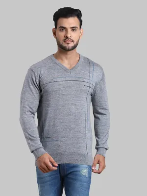 Men Grey Tailored Fit Intarsia Acrylic Wool Blend Full Sleeve V Neck Collar Sweaters