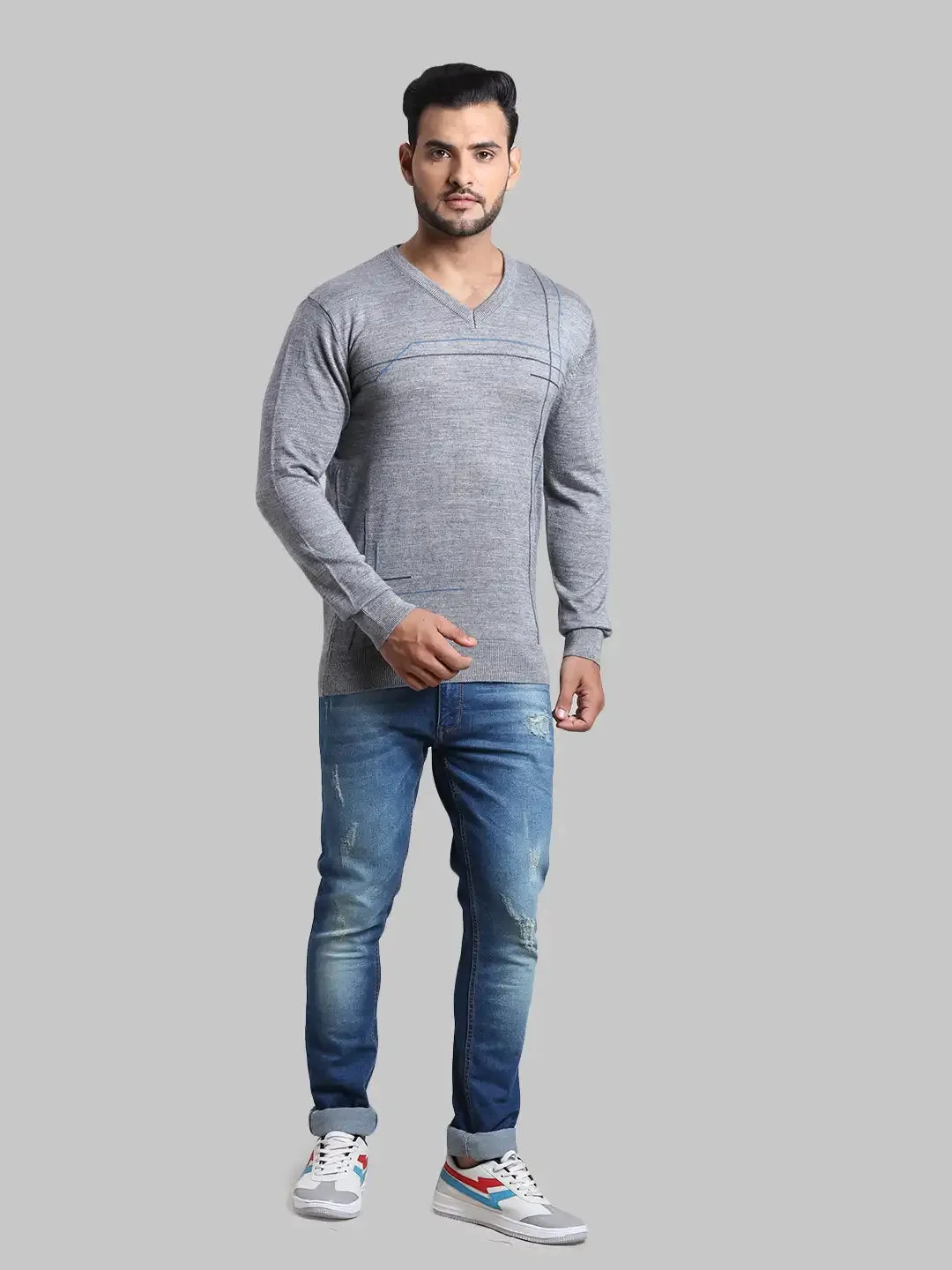 Men Grey Tailored Fit Intarsia Acrylic Wool Blend Full Sleeve V Neck Collar Sweaters