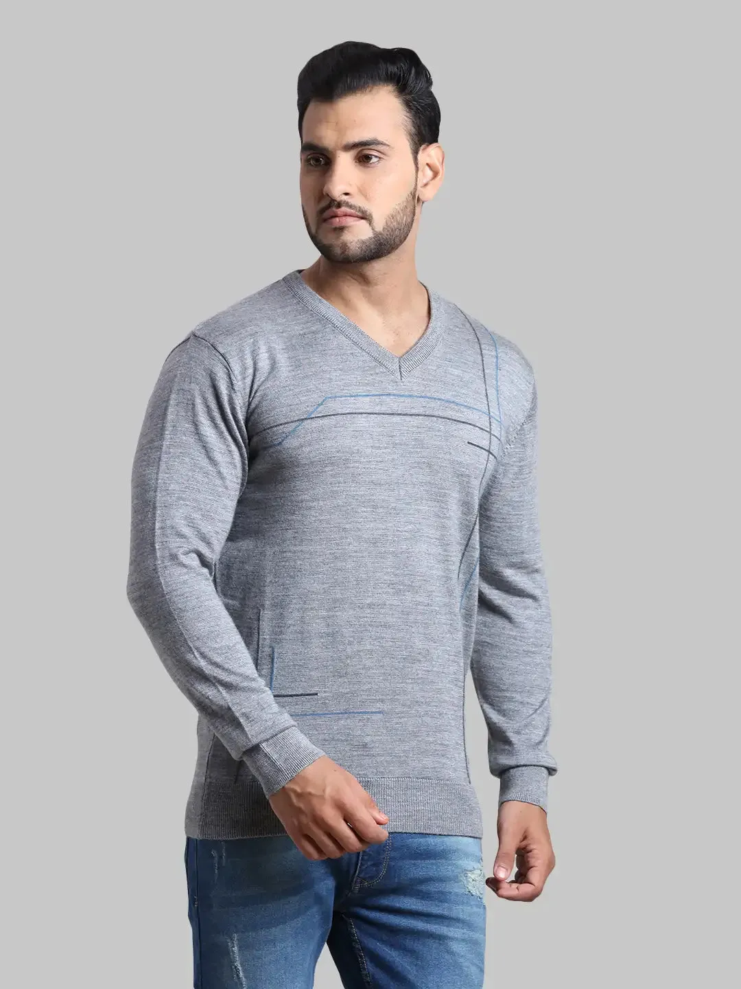 Men Grey Tailored Fit Intarsia Acrylic Wool Blend Full Sleeve V Neck Collar Sweaters