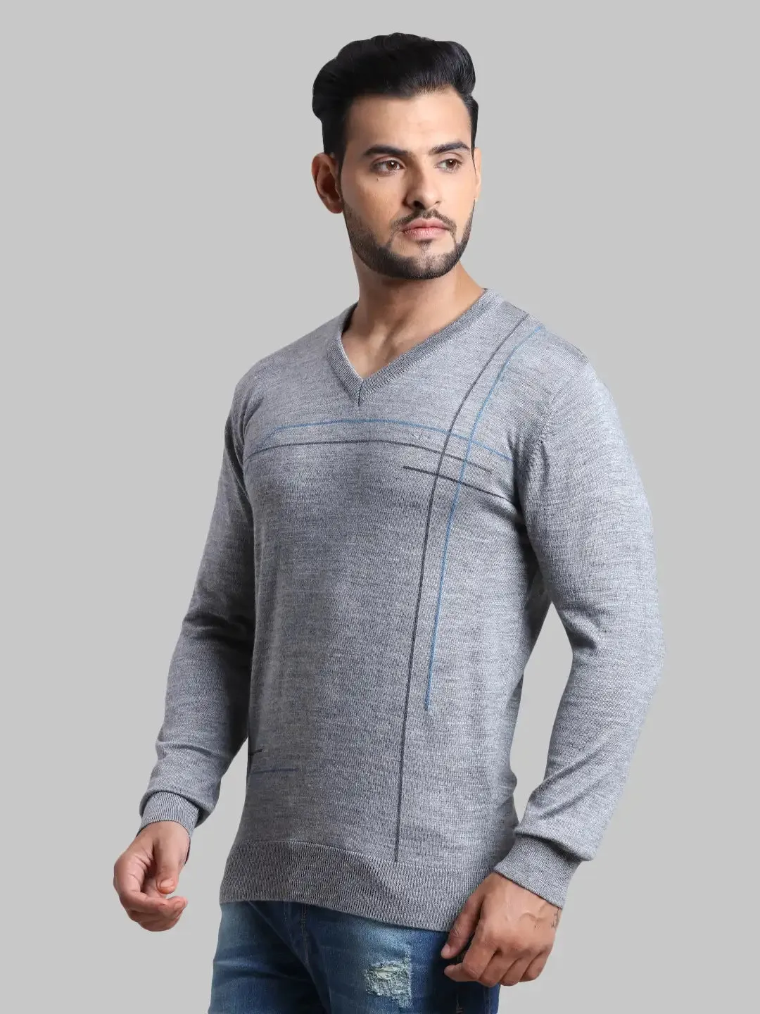 Men Grey Tailored Fit Intarsia Acrylic Wool Blend Full Sleeve V Neck Collar Sweaters