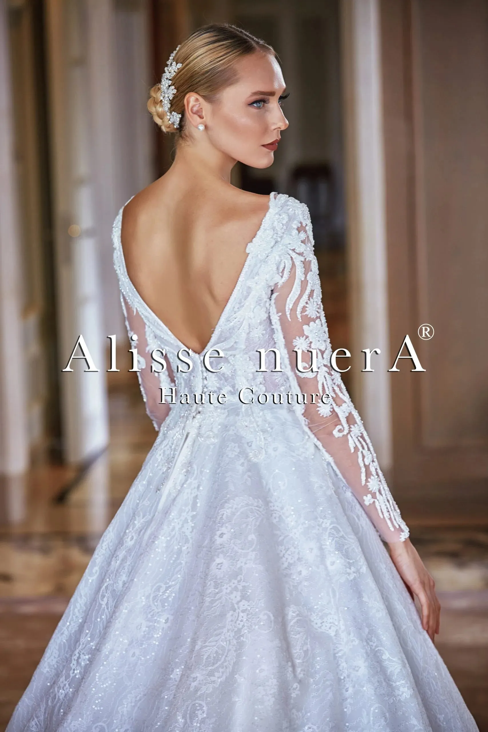 Off White Long Sleeve Plunging Neck A Line Bridal Dress with Court Train