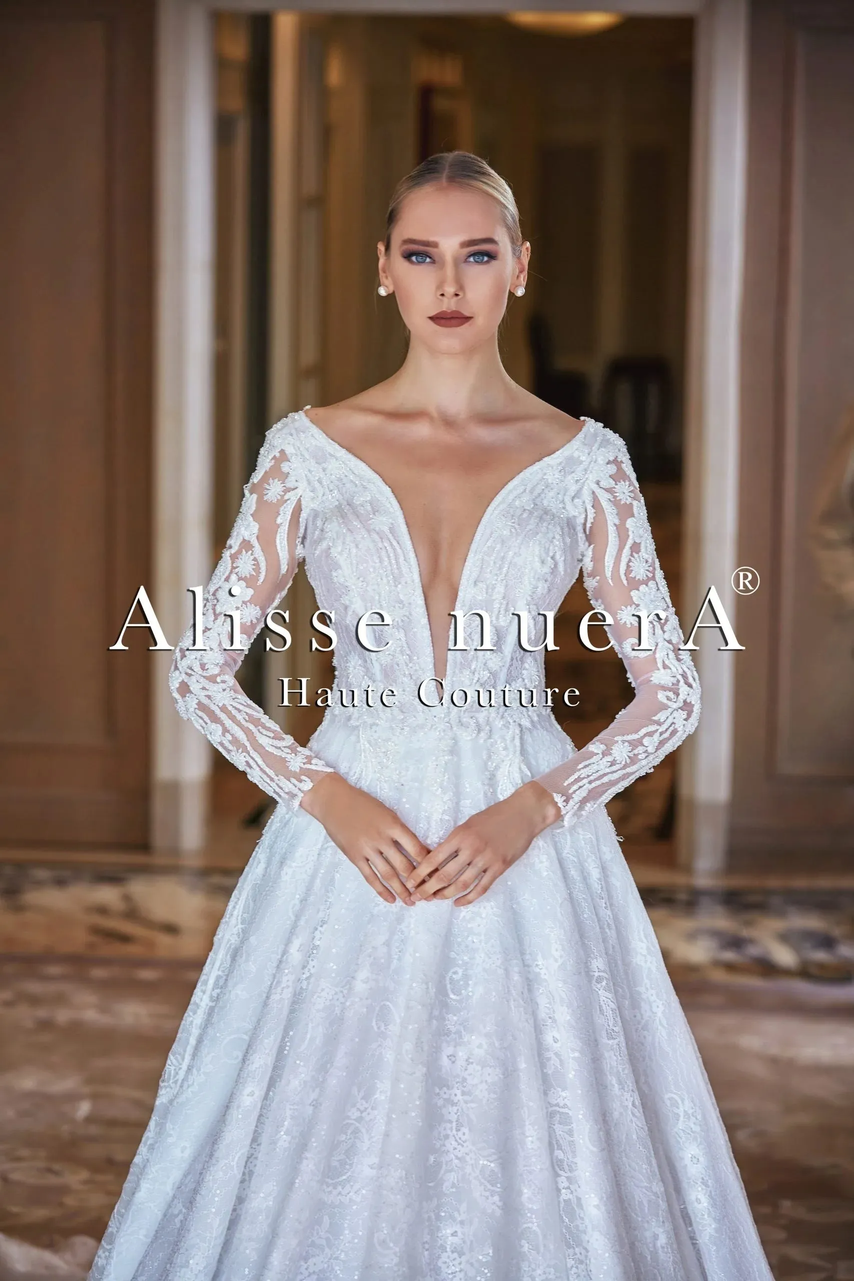 Off White Long Sleeve Plunging Neck A Line Bridal Dress with Court Train