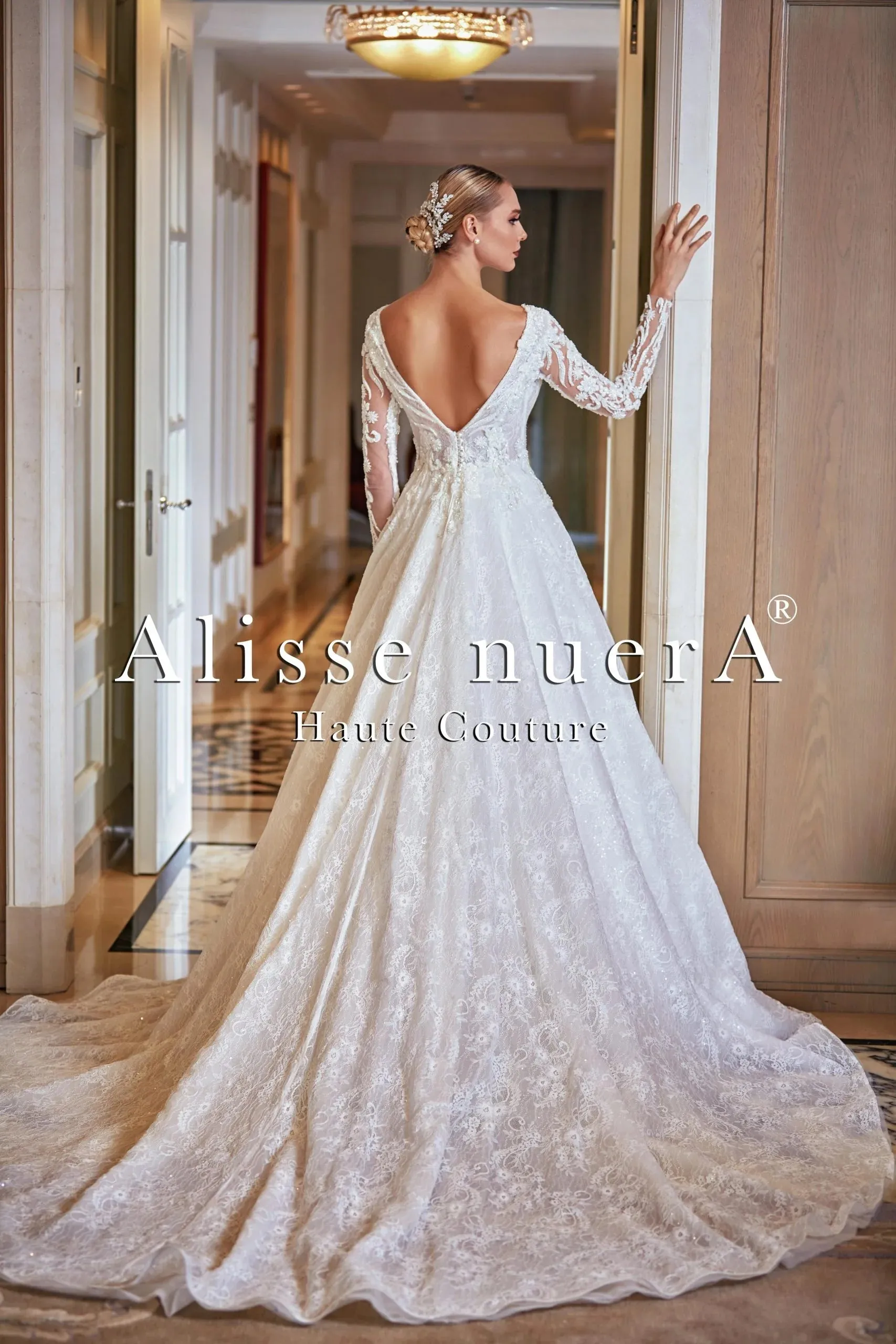 Off White Long Sleeve Plunging Neck A Line Bridal Dress with Court Train