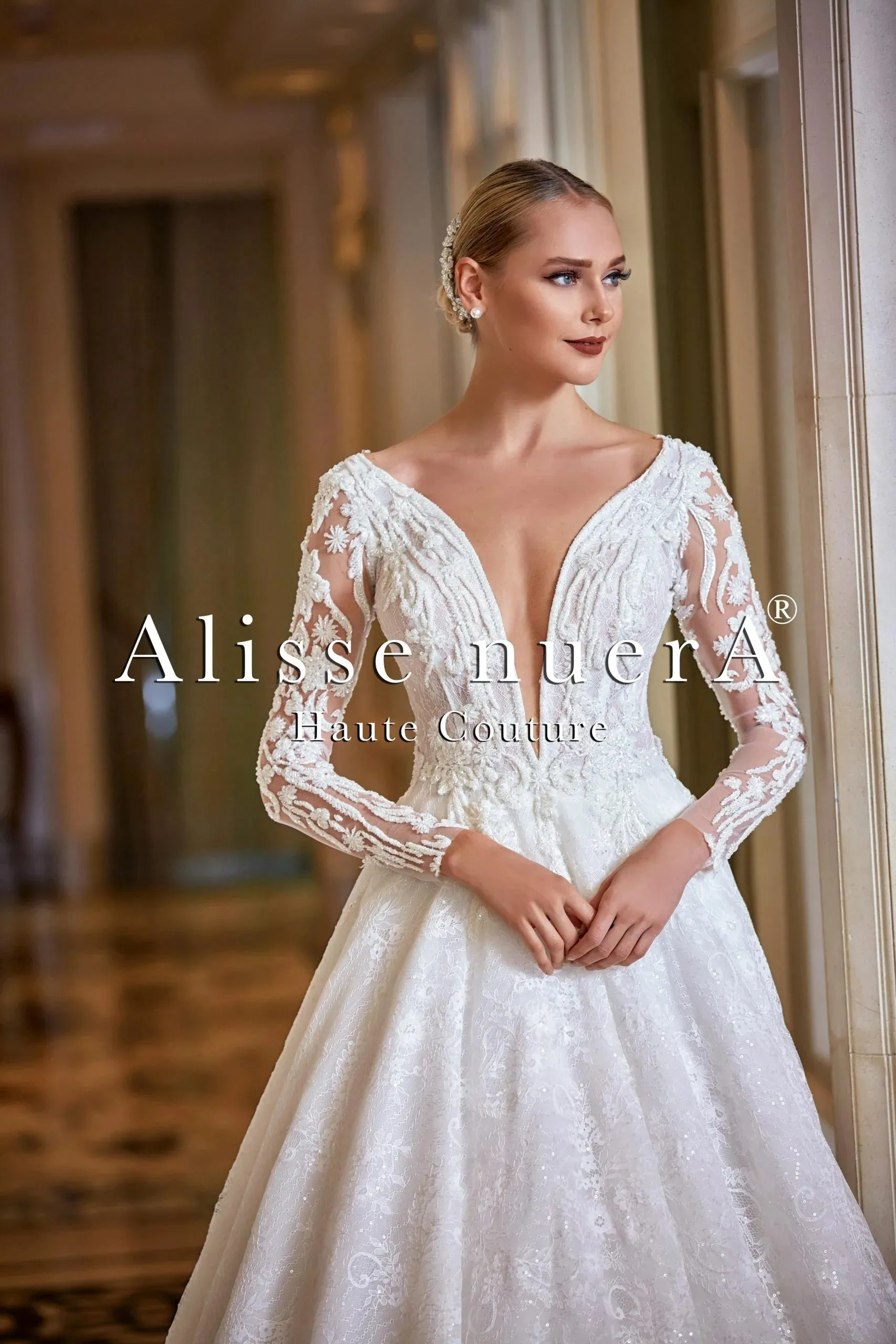 Off White Long Sleeve Plunging Neck A Line Bridal Dress with Court Train