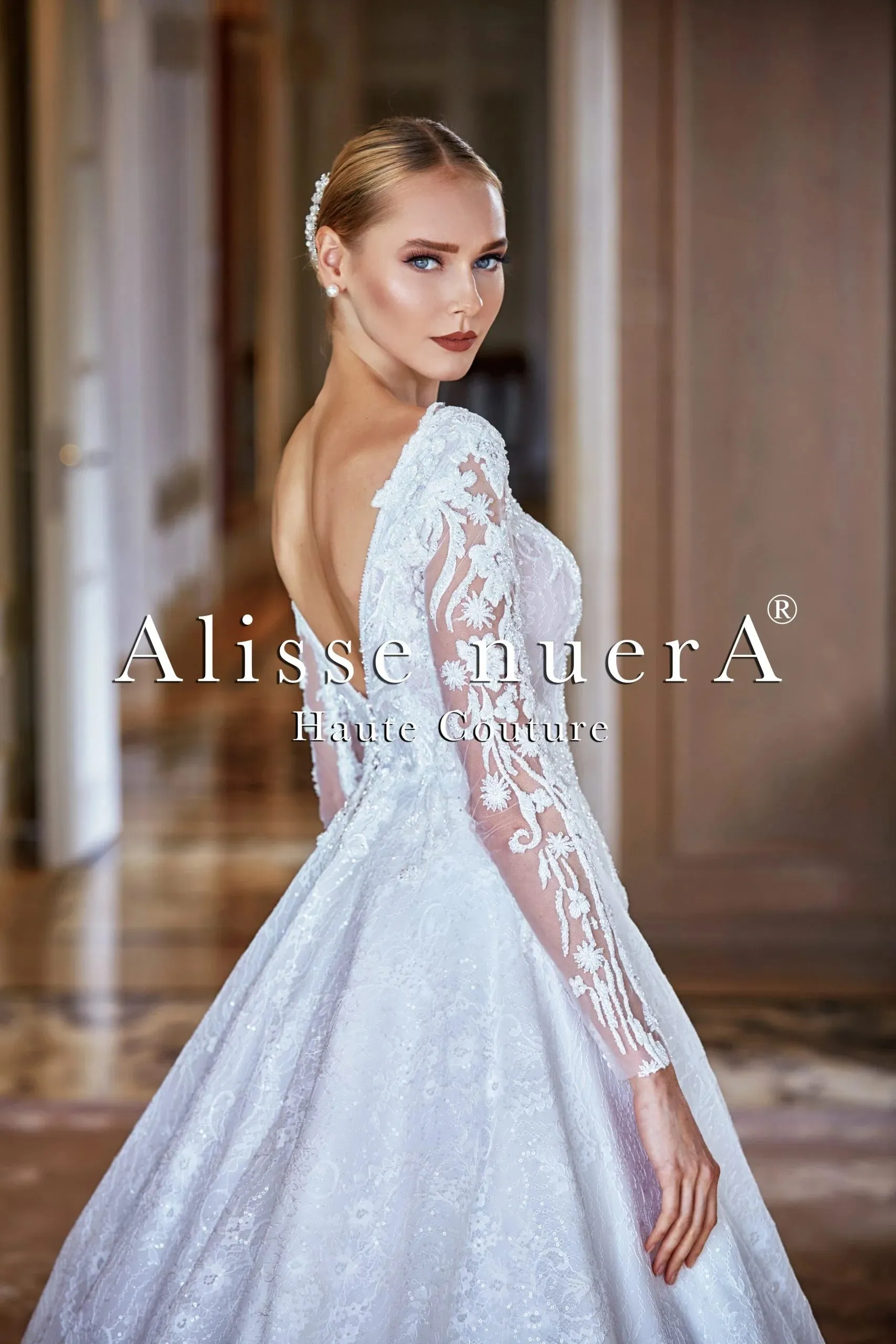 Off White Long Sleeve Plunging Neck A Line Bridal Dress with Court Train