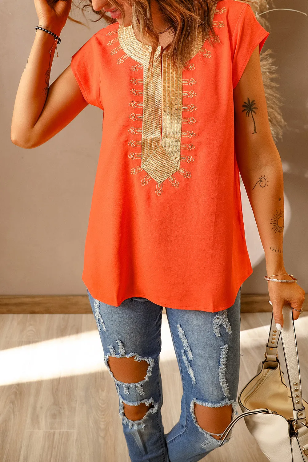 Orange Short Sleeve Boho Printed Neck Shift Blouse