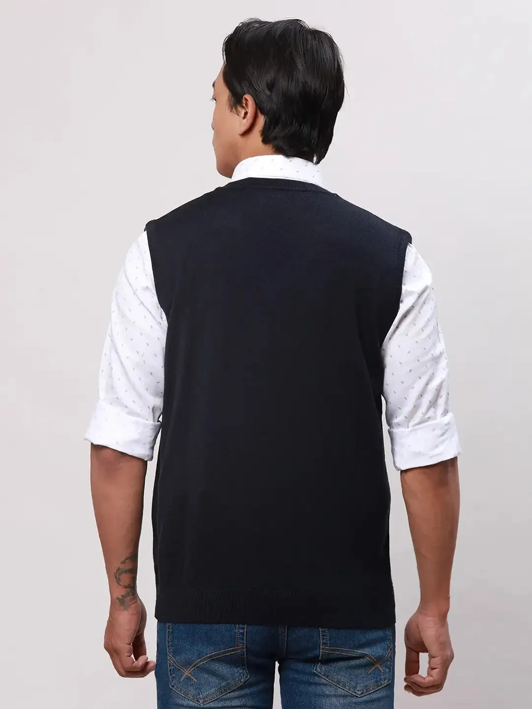 Park Avenue Men Blue Solid Regular Wool Blend Sleeveless V Neck Sweaters