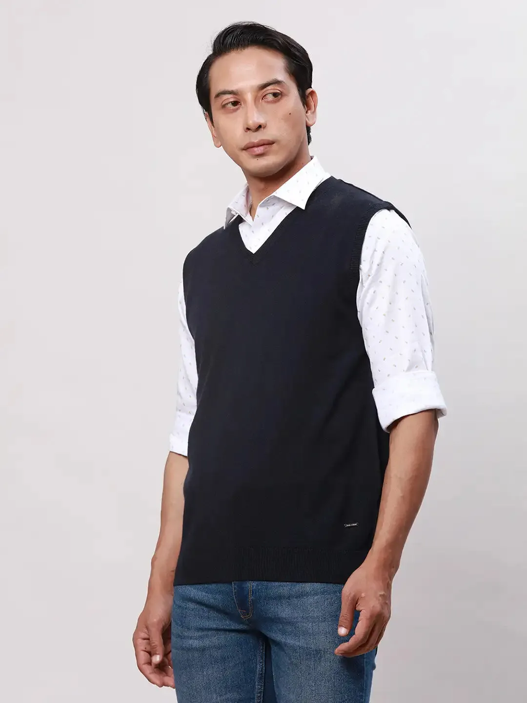 Park Avenue Men Blue Solid Regular Wool Blend Sleeveless V Neck Sweaters