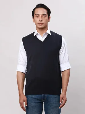 Park Avenue Men Blue Solid Regular Wool Blend Sleeveless V Neck Sweaters