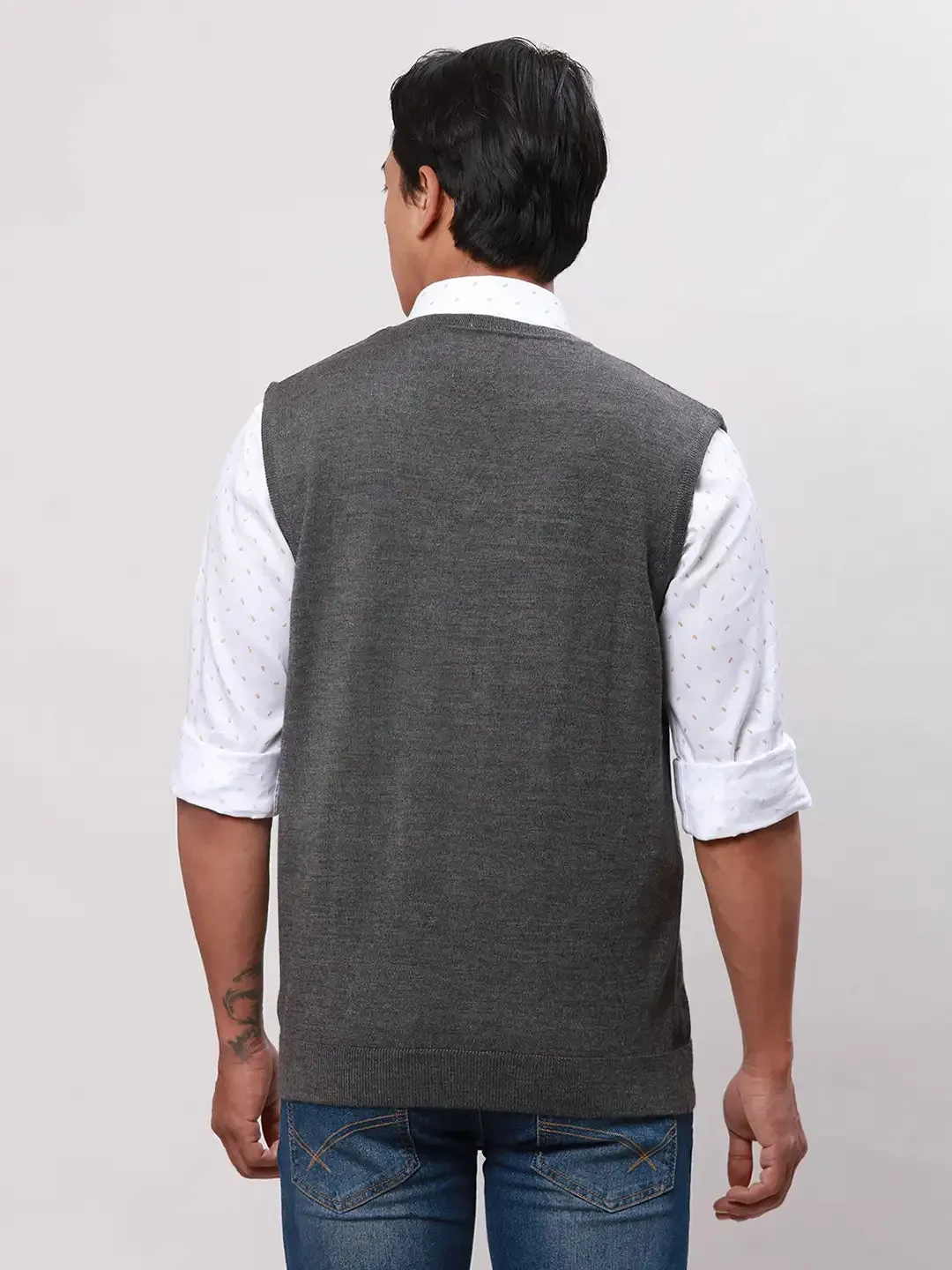 Park Avenue Men Grey Solid Regular Wool Blend Sleeveless V Neck Sweaters