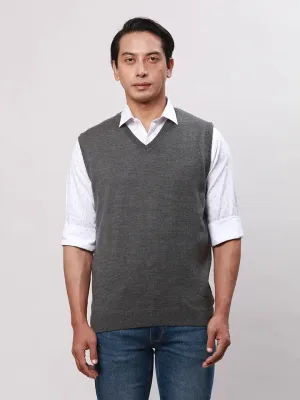 Park Avenue Men Grey Solid Regular Wool Blend Sleeveless V Neck Sweaters