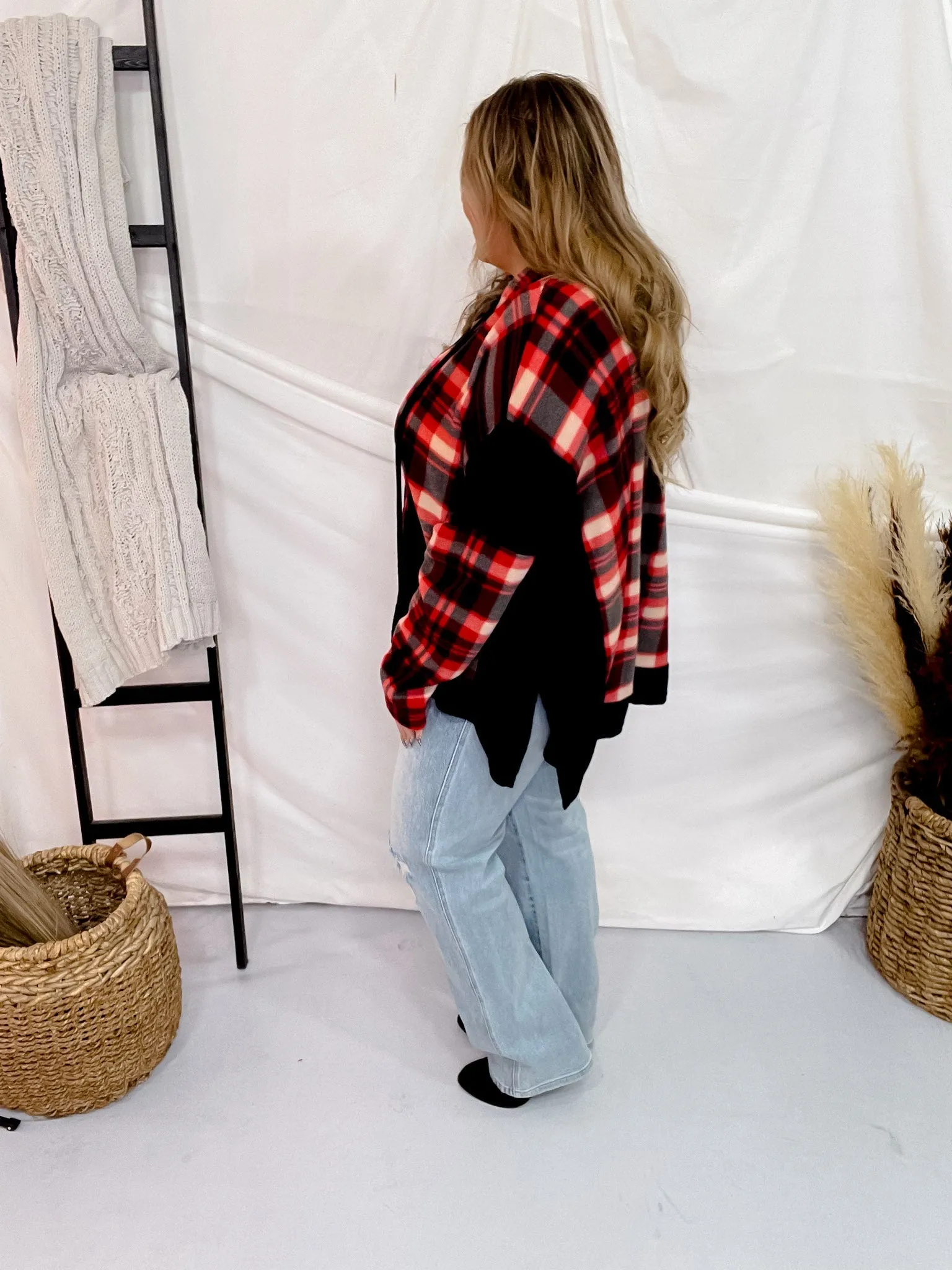 Red and Black Plaid Colorblock Hoodie