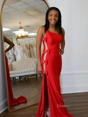 Red Satin One Shoulder Prom Dresses with Slit & Bow-Tie - FD6042
