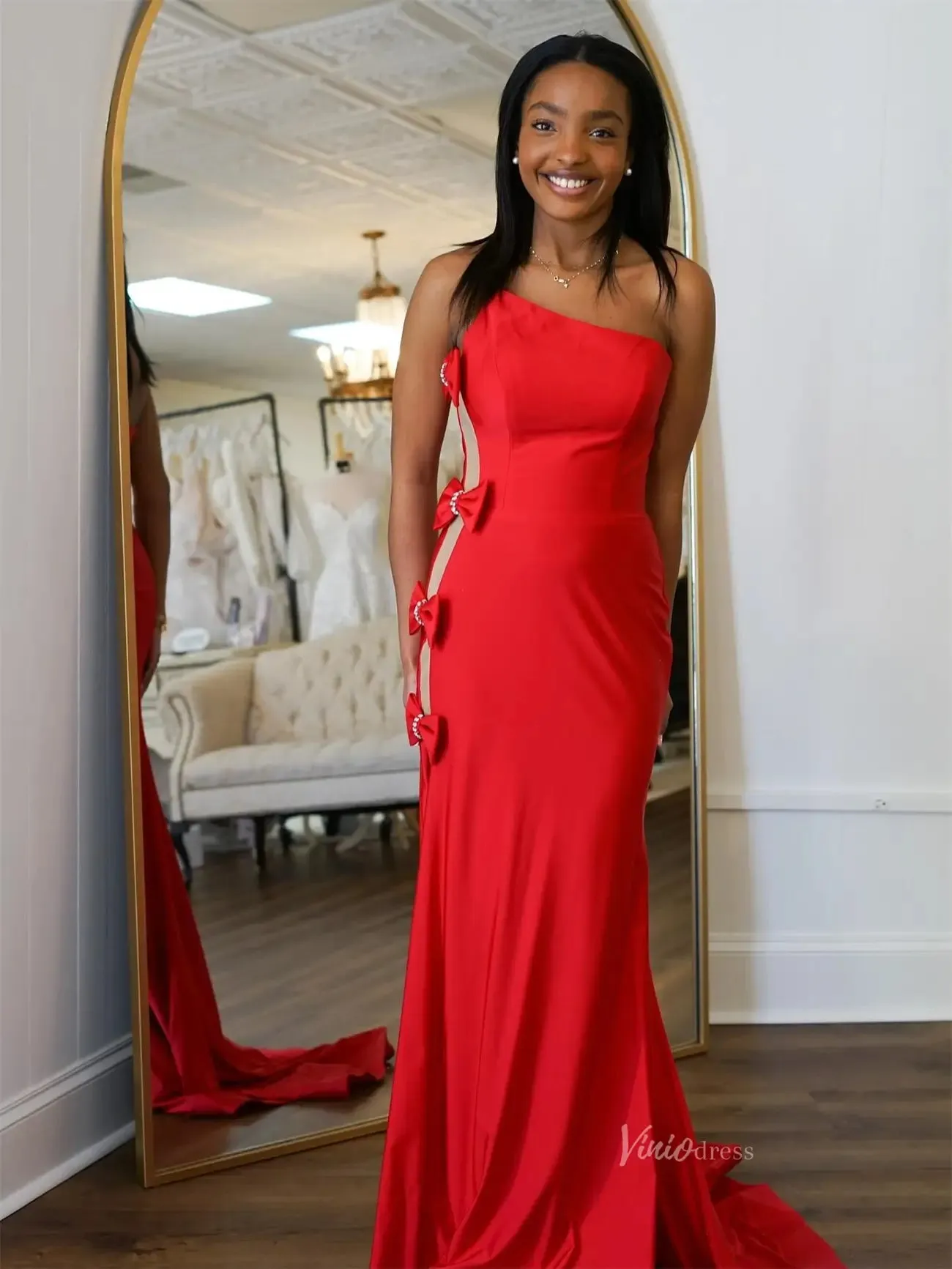 Red Satin One Shoulder Prom Dresses with Slit & Bow-Tie - FD6042