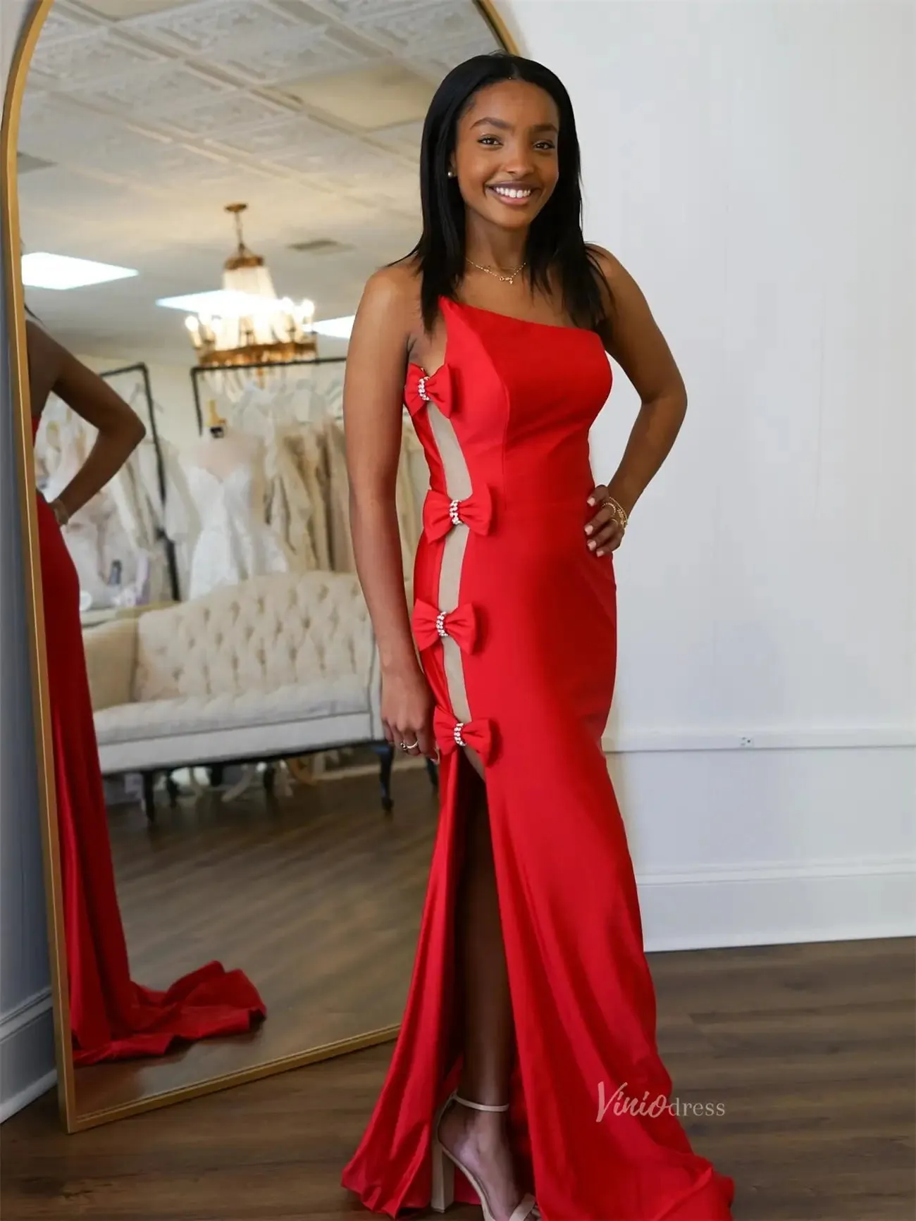 Red Satin One Shoulder Prom Dresses with Slit & Bow-Tie - FD6042