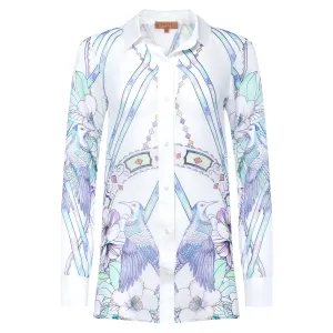 Silk blouse watercolor birds print