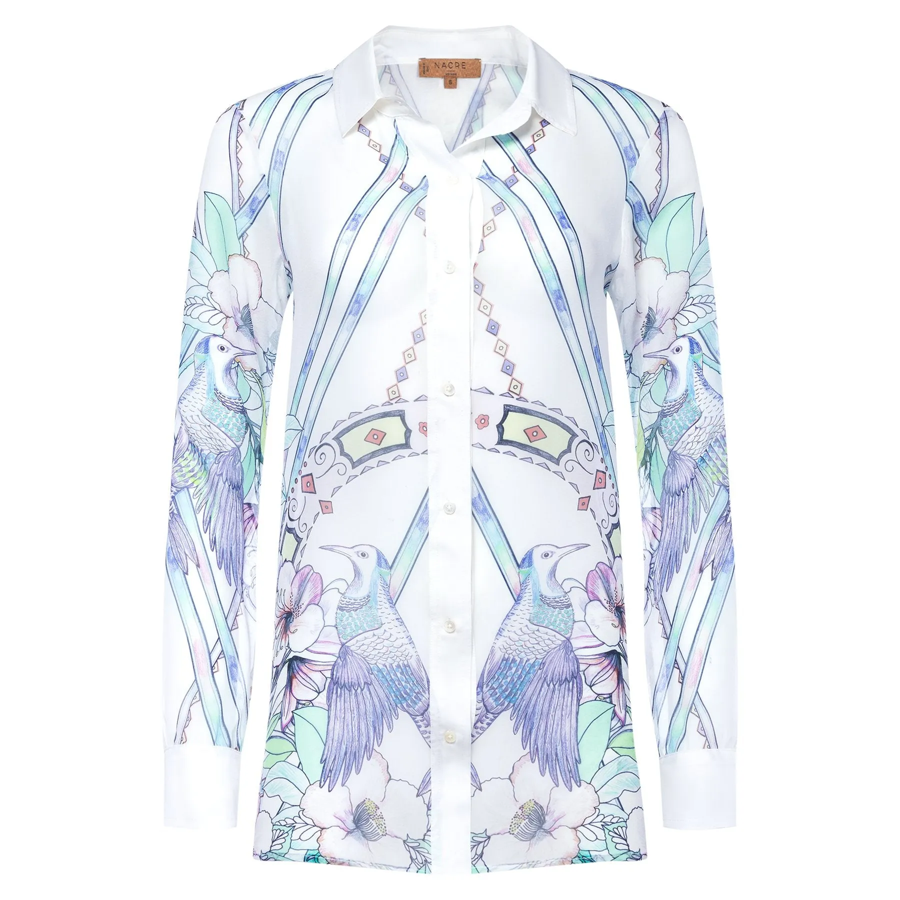 Silk blouse watercolor birds print