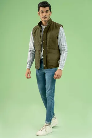 SLEEVESLESS RIPSTOP QUILTED JACKET DARK KHAKI