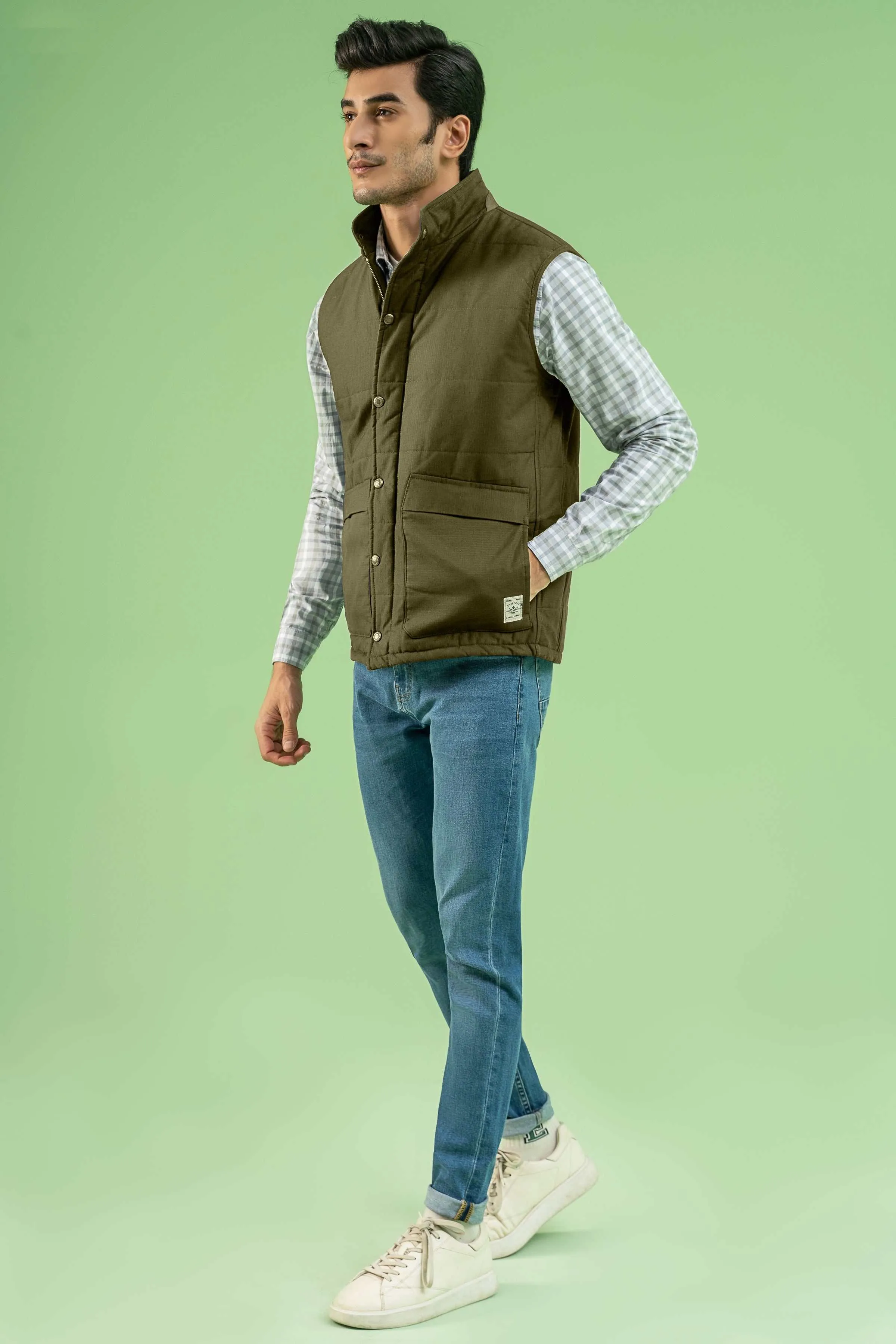 SLEEVESLESS RIPSTOP QUILTED JACKET DARK KHAKI
