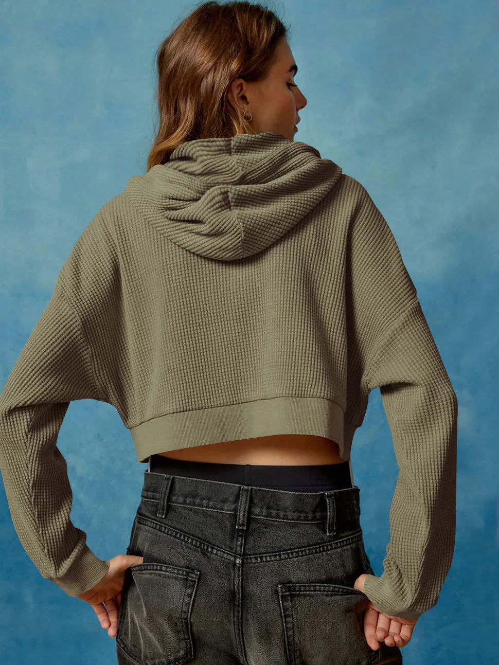 Solid Plain Green Waffle Knit Zip Up Hoodie