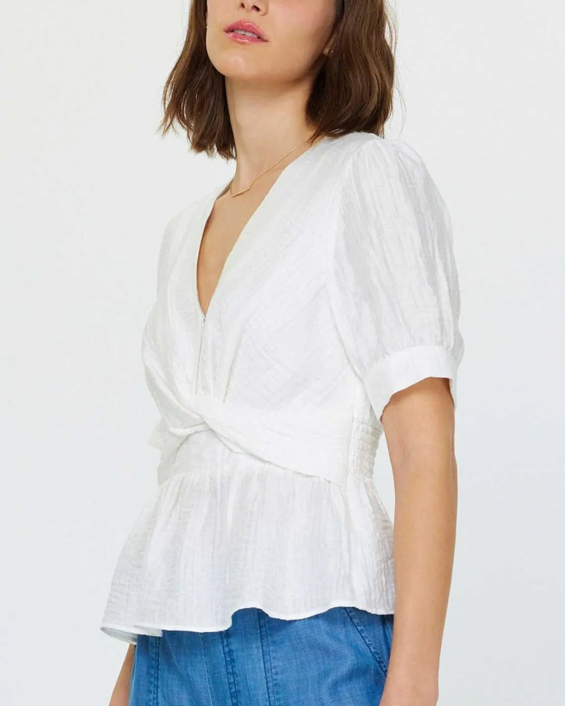 Twist Front Peplum Blouse - White