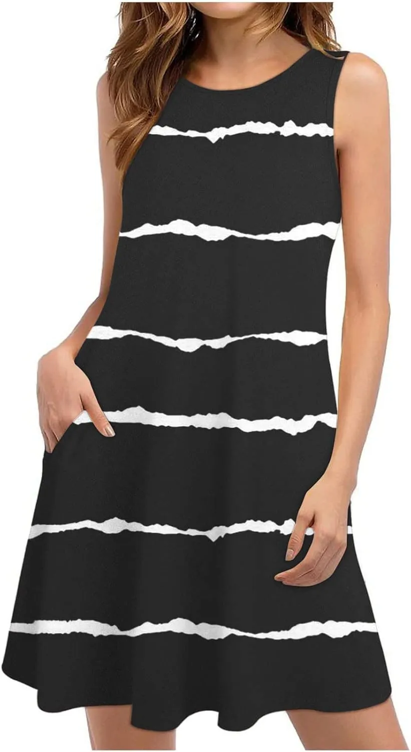 Uillui Casual Summer Dresses for Women Sexy Beach Solid Swing Tshirt Sundress Sleeveless Pockets Loose Hawaiian Tank Dress