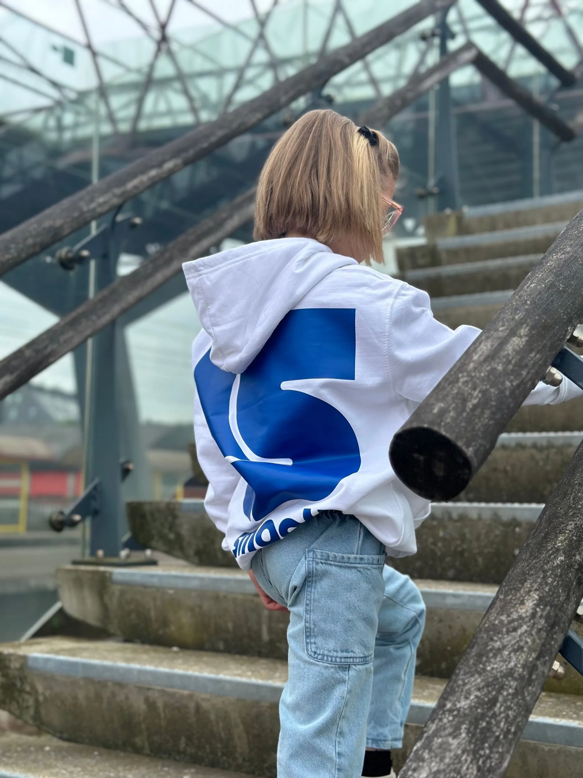 White Kids Hoodie / S Logo Blue Front Back Girls