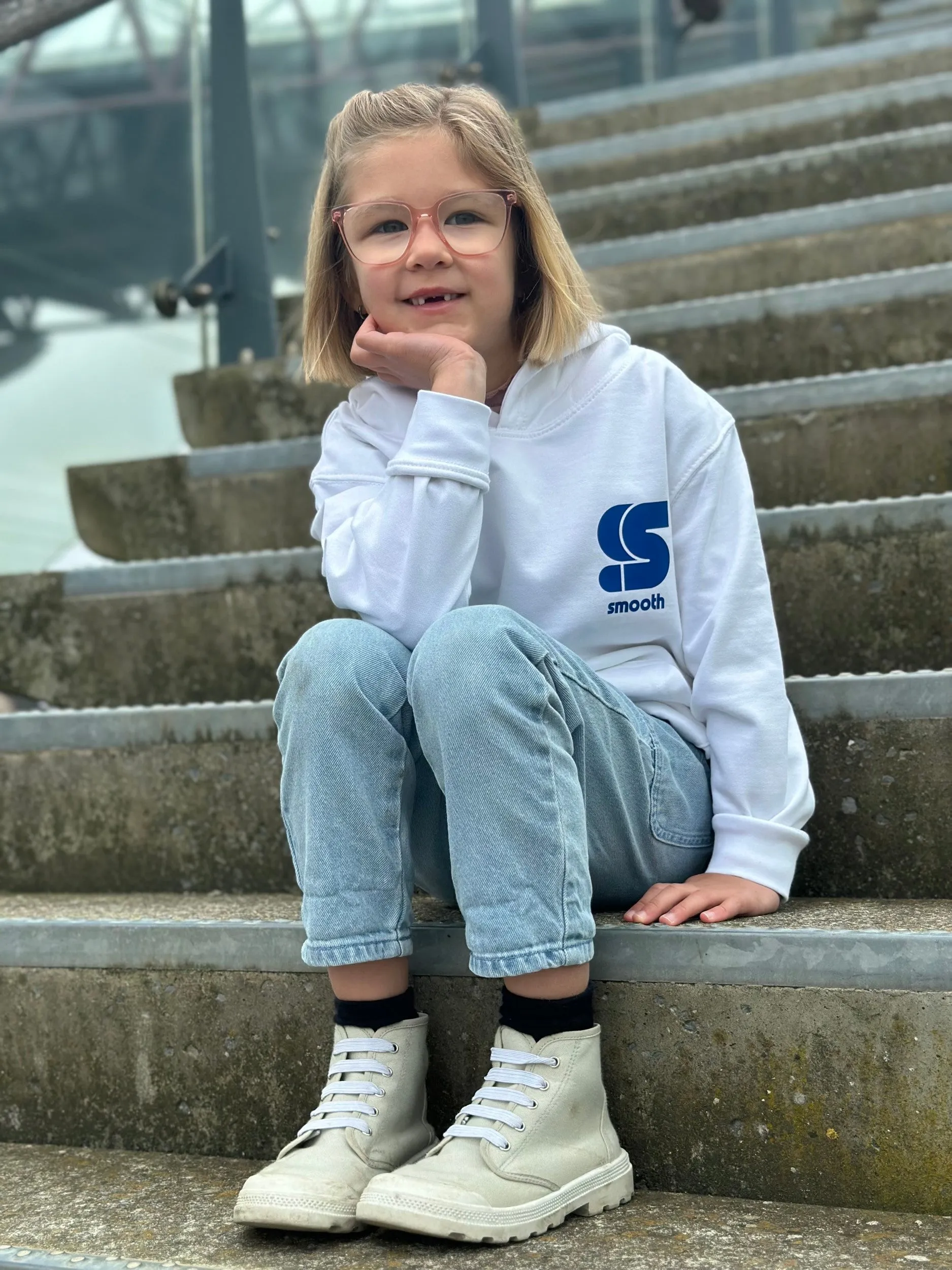 White Kids Hoodie / S Logo Blue Front Back Girls