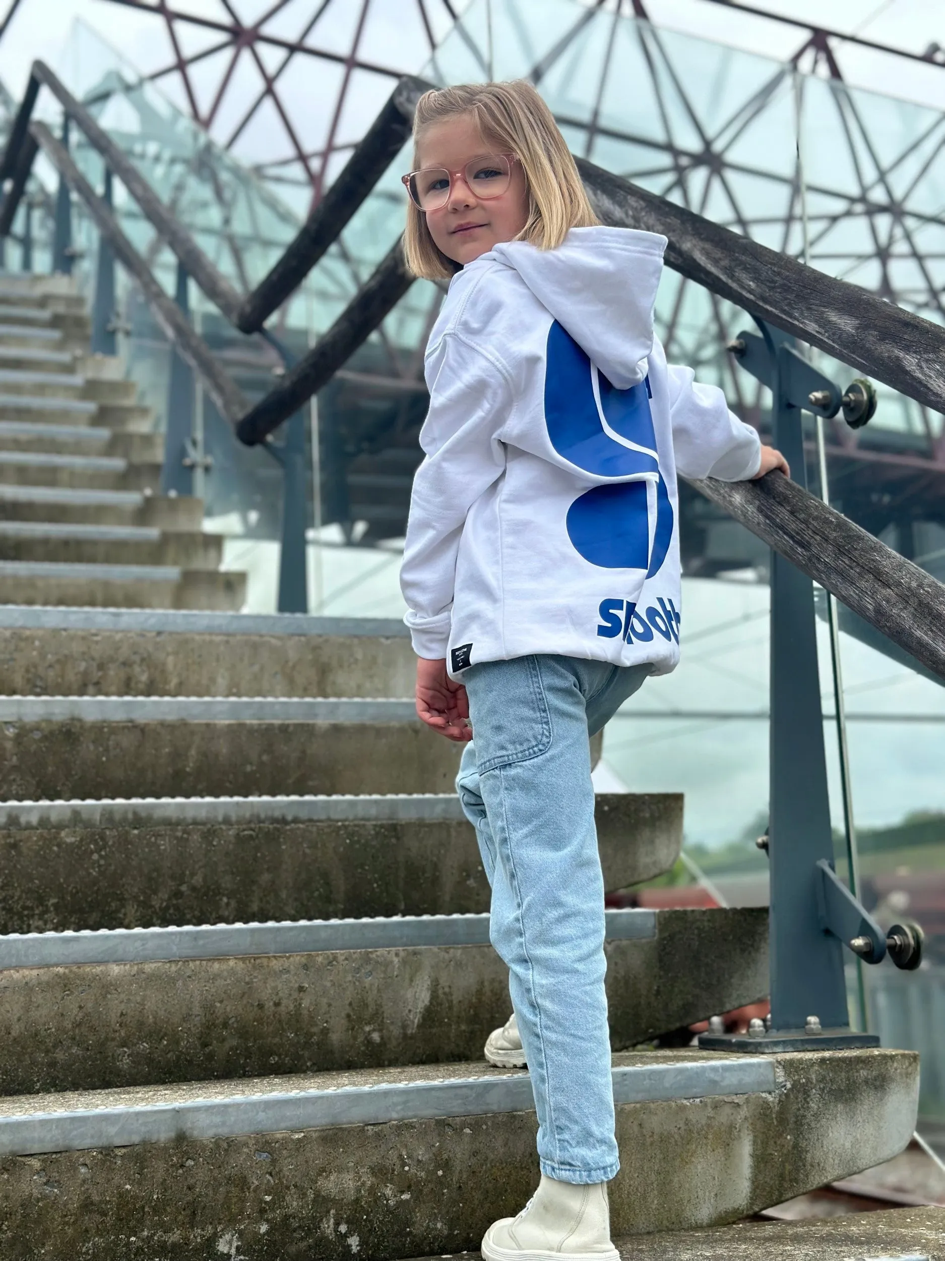 White Kids Hoodie / S Logo Blue Front Back Girls