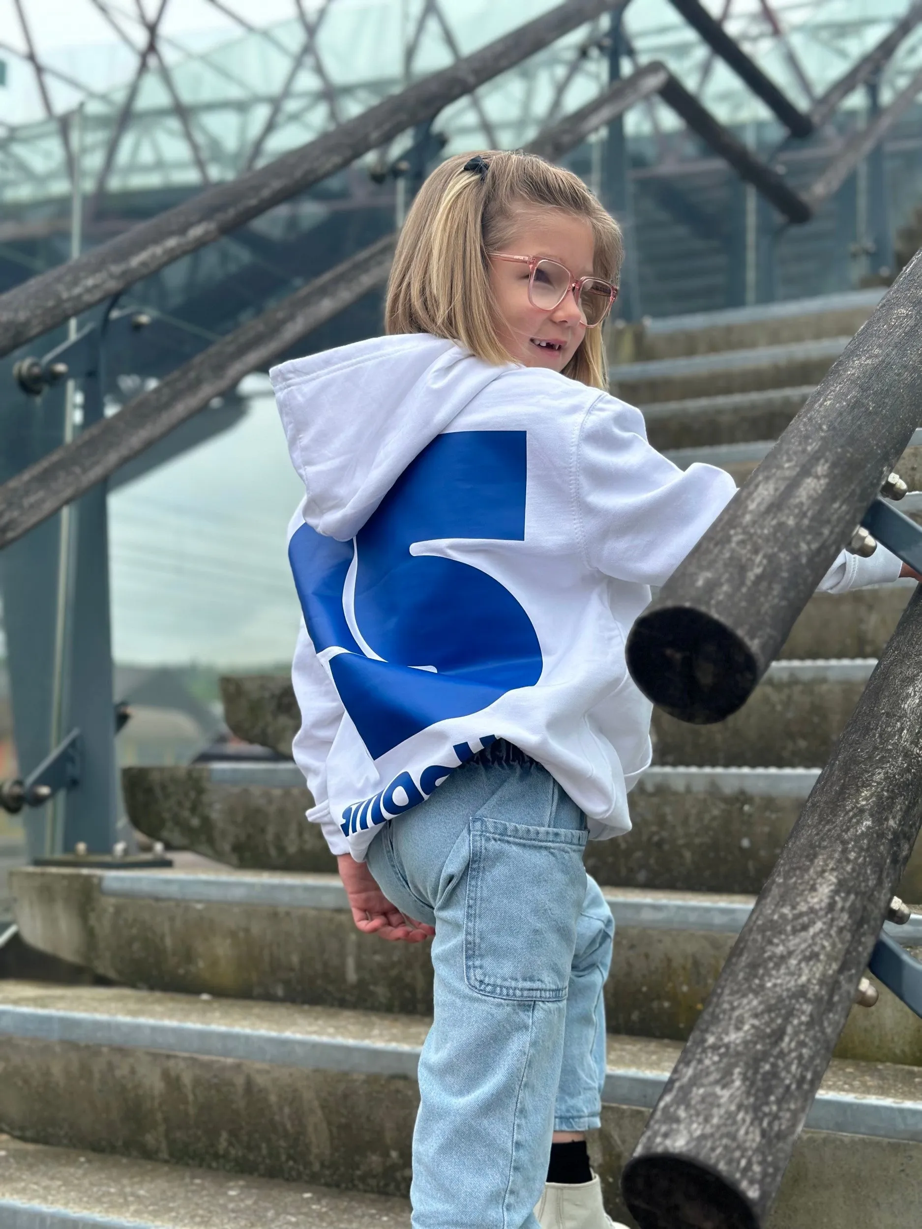 White Kids Hoodie / S Logo Blue Front Back Girls