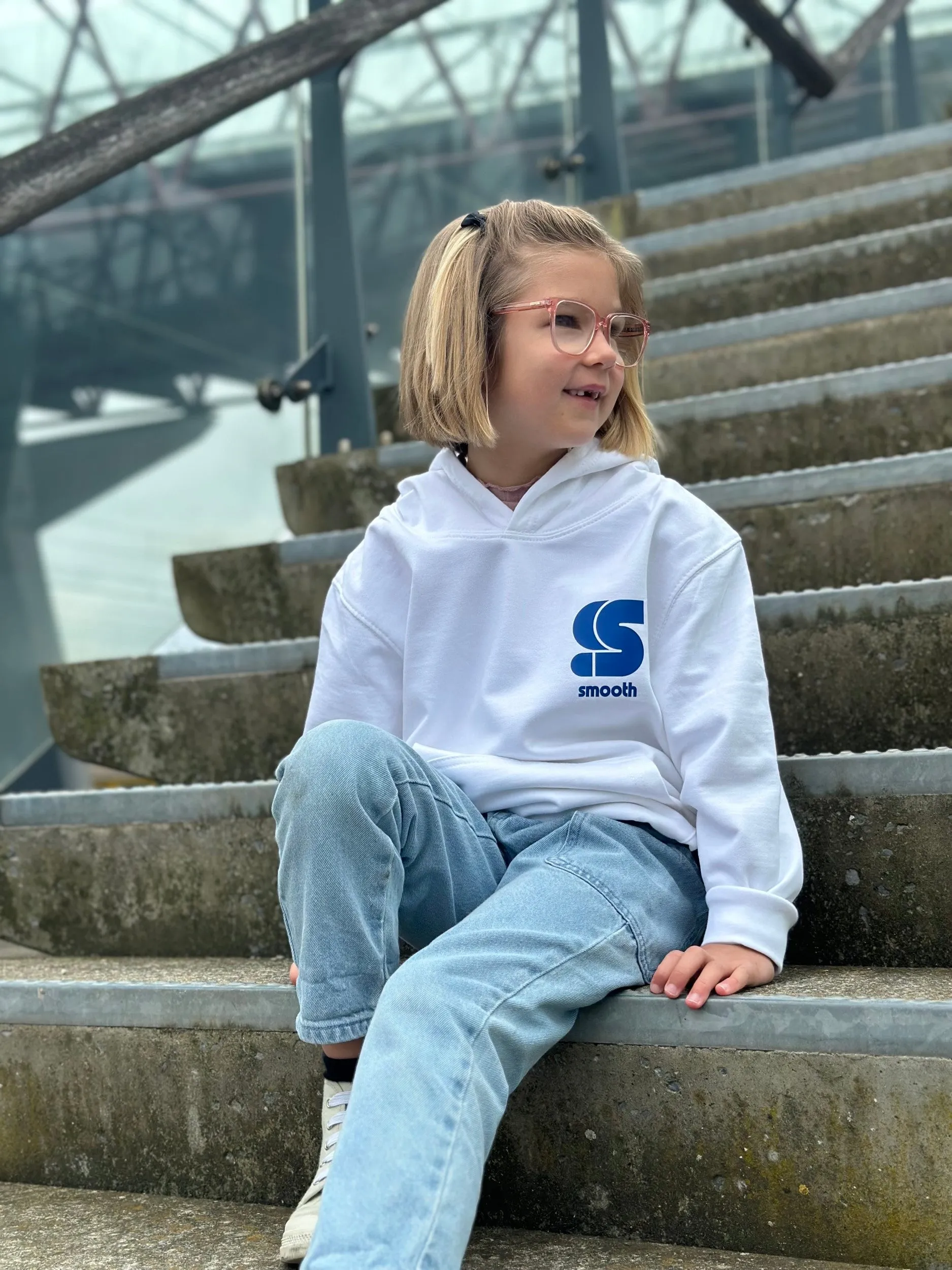White Kids Hoodie / S Logo Blue Front Back Girls