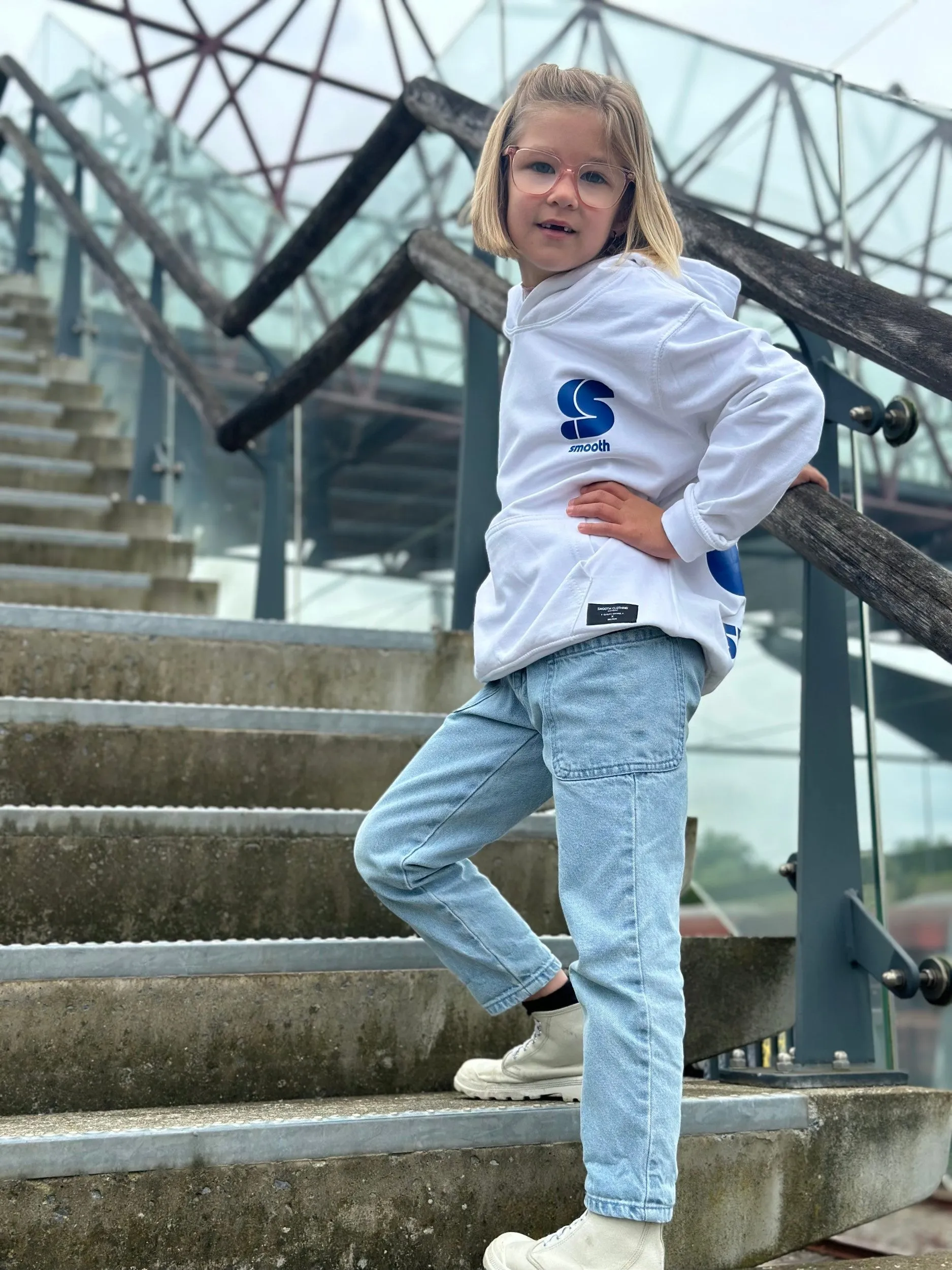 White Kids Hoodie / S Logo Blue Front Back Girls