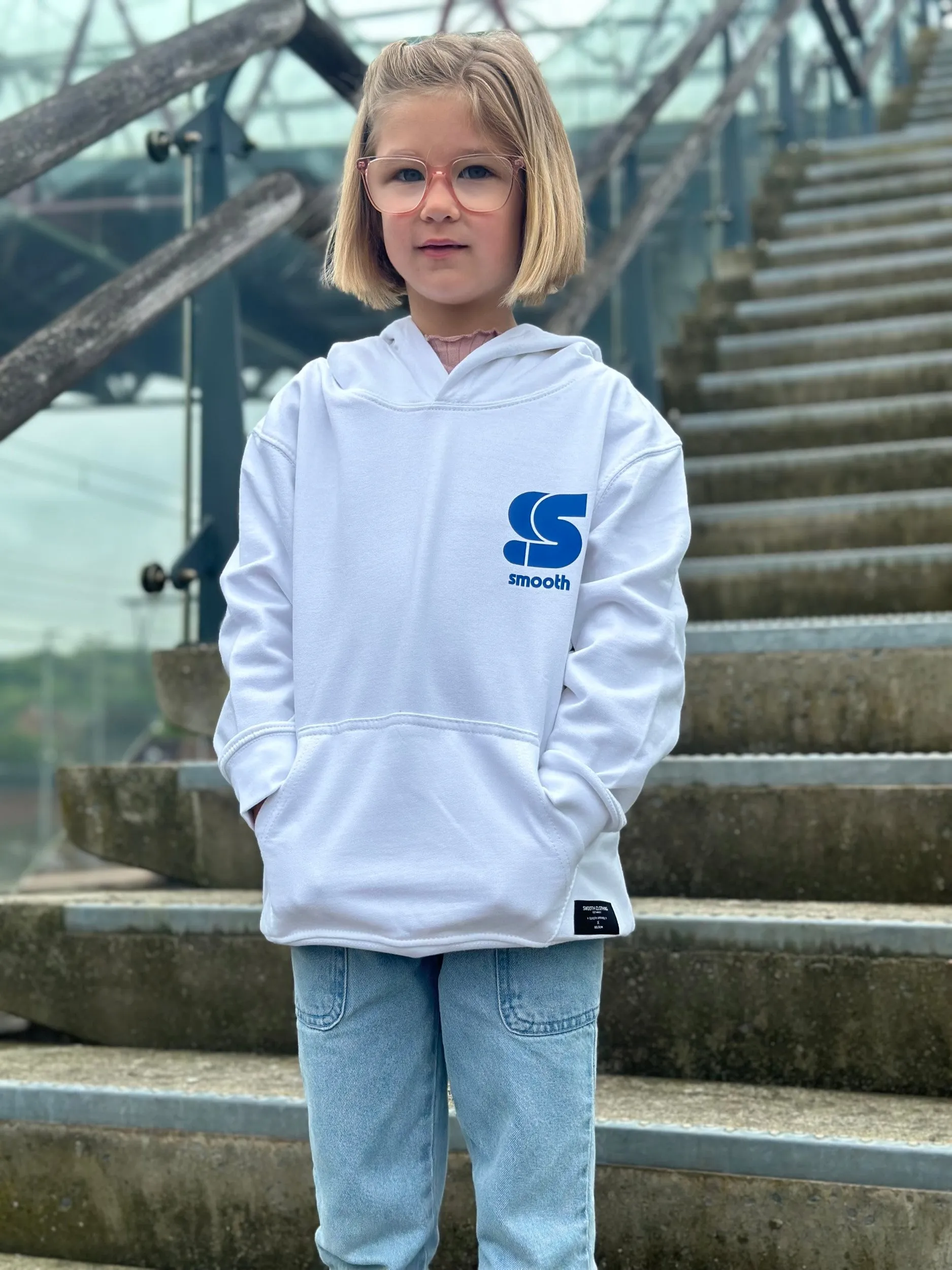 White Kids Hoodie / S Logo Blue Front Back Girls