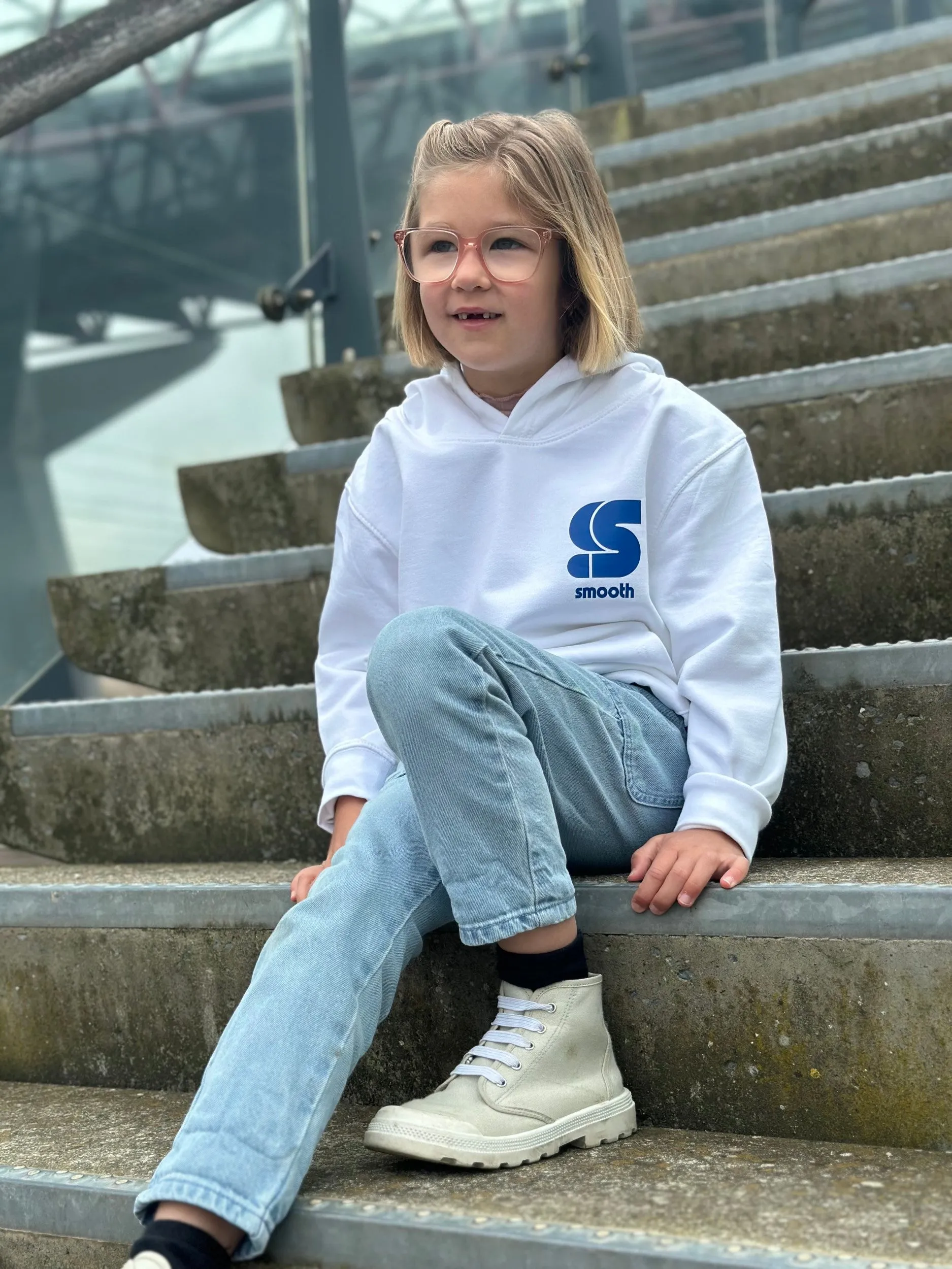 White Kids Hoodie / S Logo Blue Front Back Girls