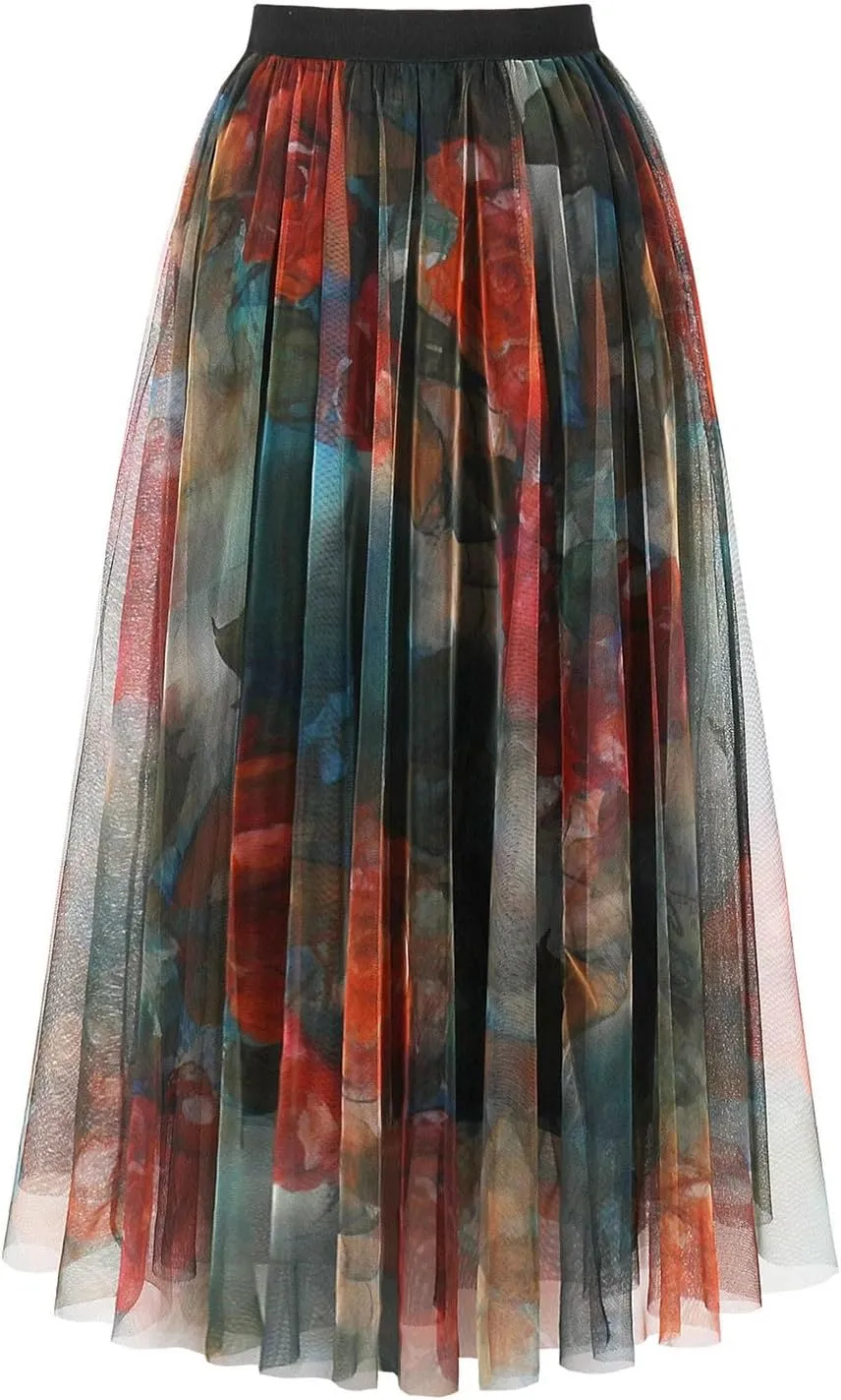Women Mesh Pleated Flowy Fairy Skirt, Fashion Floral Print Prom Party Skirts Elastic High Waist Puffy Casual Clothes