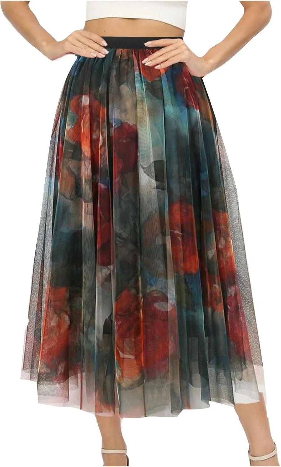 Women Mesh Pleated Flowy Fairy Skirt, Fashion Floral Print Prom Party Skirts Elastic High Waist Puffy Casual Clothes