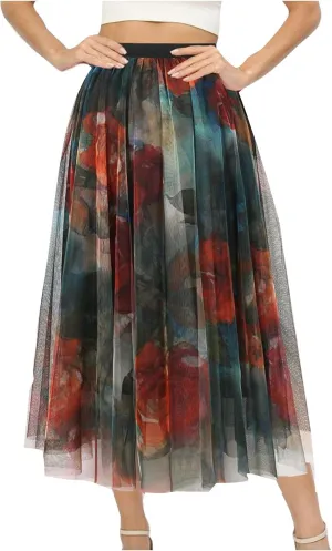 Women Mesh Pleated Flowy Fairy Skirt, Fashion Floral Print Prom Party Skirts Elastic High Waist Puffy Casual Clothes