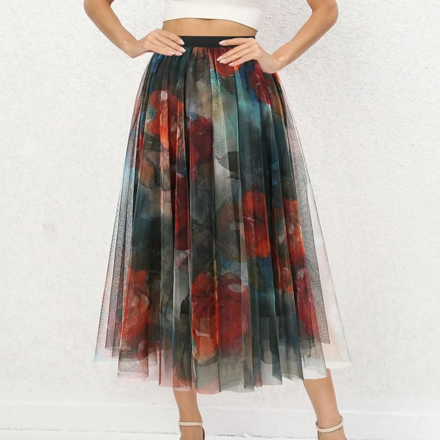Women Mesh Pleated Flowy Fairy Skirt, Fashion Floral Print Prom Party Skirts Elastic High Waist Puffy Casual Clothes