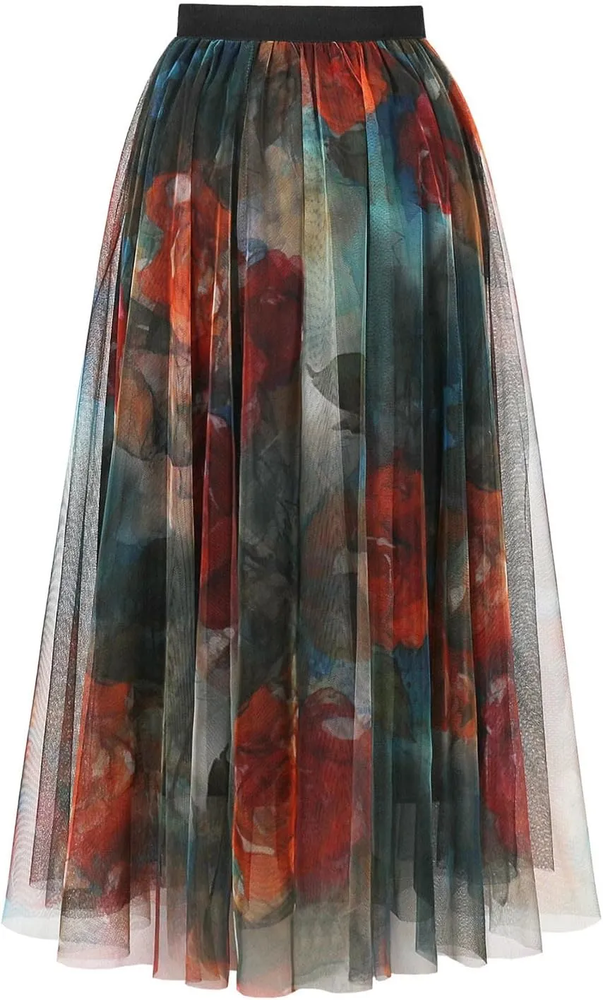 Women Mesh Pleated Flowy Fairy Skirt, Fashion Floral Print Prom Party Skirts Elastic High Waist Puffy Casual Clothes
